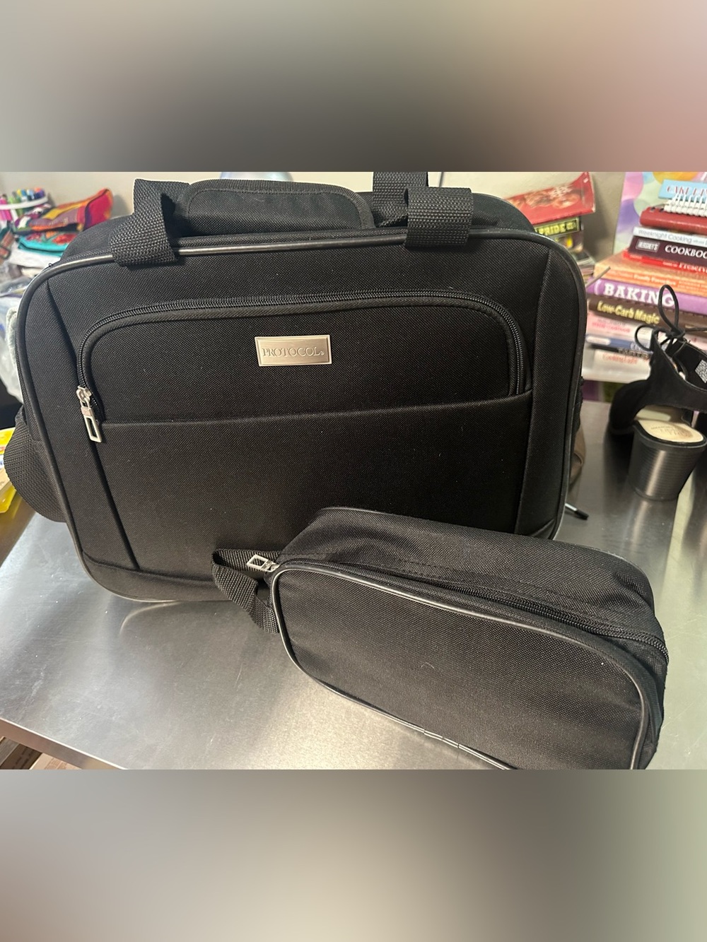 Protocol Black Carry On Travel Bag Tote Luggage w Matching Toiletry Bag 2 Piece
